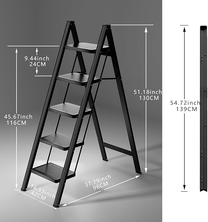 Step Ladder 5 Step Folding, Sturdy 330 Lbs Small Step Stool for Adults, Closet Step Stool Ladder with Anti-Slip Wide Pedals, Portable Folding Ladder for Home Kitchen Office