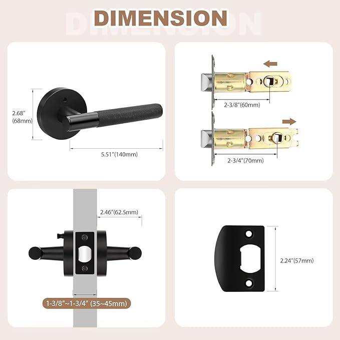 Black Interior Door Handle Locking, 1 Pack Knurled Privacy Modern Door Lever, Keyless Bed and Bath Door Lock, Round Reversible Handle