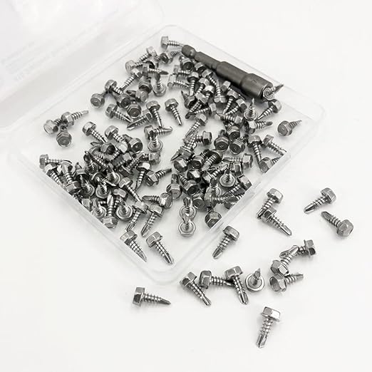 QSJ 120PCS #8 x 1/2'' Sheet Metal Screws 410 Stainless Steel Hex Washer Head Fast Self Tapping Screws with Screwdriver Bit Silver