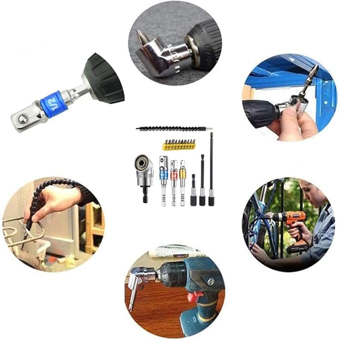 Flexible Drill Bit Extension Set, Includes 105° Right Angle Drill, Bendable Drill Extension, 3pcs 1/4 3/8 1/2" Universal Socket Adapter Set, 3pcs Drill Bit Holder, Screwdriver Bit Kit