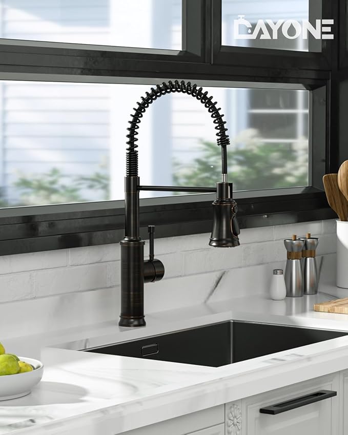 DAYONE Antique Oil Rubbed Bronze Kitchen Sink Faucet with Pull Down Sprayer, 3 Modes Stainless Steel Spring Vintage Sink Faucet for Farmhouse Kitchen Bar Camper 1 or 3 Holes Single Handle