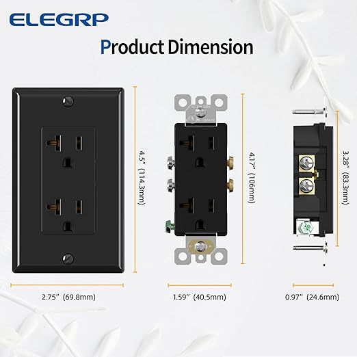 ELEGRP Glossy Black Decorator Electrical Wall Outlet Receptacle, 20A 125V Standard Outlets, 2 Pole 3 Wire, Non-Tamper Resistant, NEMA 5-20R, Self-Grounding, Wall Plate Included, UL Listed, 5 Pack