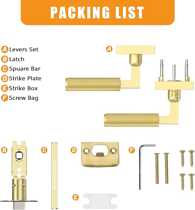 Amerdeco 5 Pack Privacy Door Handles - Brushed Gold Interior Lever, Heavy Duty for Bedroom and Bathroom, Knurled, Reversible Keyless for Right & Left Side AM0021