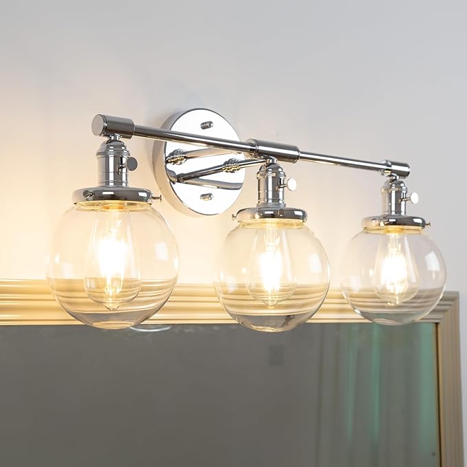 Phansthy 3-Light Wall Sconces Antique Brass Vanity Light, Industrial Wall Lamps with On Off Switch and Clear Glass Lampshade, Vintage Wall Lighting for Bathroom Living Room (Chrome, Globe Shade)