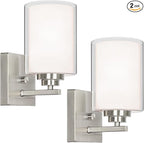 Set of 2 Wall Sconces for Bathroom, Modern Vanity Light Fixtures, Nickle Wall Mount Lighting Lanterns, Farmhouse Wall Lights with Double Clear Glass Shade for Bedroom Living Room Mirror Hallway