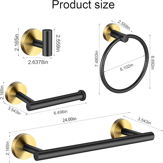 Bathroom Hardware Set 24 Inch, Black Gold Towel Bar Set Including 24" Hand Towel Bars, Toilet Paper Holders, Towel Rings, Robe Towel Hooks