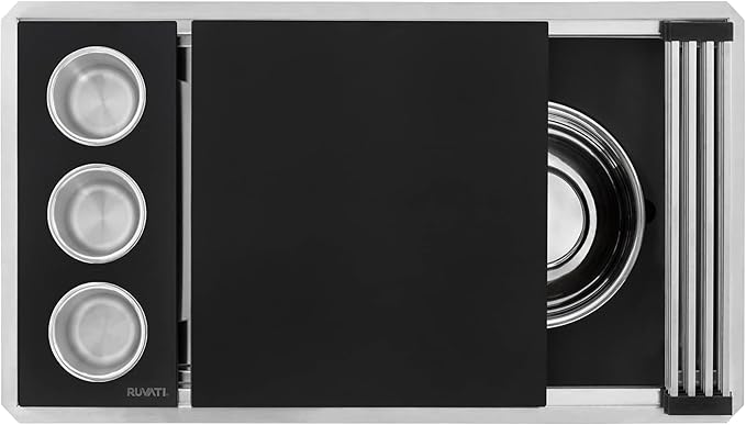 Ruvati 33-inch Workstation Two-Tiered Ledge Undermount Kitchen Sinks 16 Gauge Stainless Steel with Black Composite Accessories - Deep Undermount Sink, Kitchen Sink, Stainless Steel Sinks - RVH8224