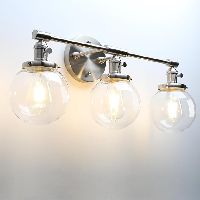 Phansthy 3-Light Wall Sconces Antique Brass Vanity Light, Industrial Wall Lamps with On Off Switch and Clear Glass Lampshade, Vintage Wall Lighting for Bathroom Living Room (Brushed, Globe Shade)