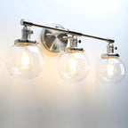 Phansthy 3-Light Wall Sconces Antique Brass Vanity Light, Industrial Wall Lamps with On Off Switch and Clear Glass Lampshade, Vintage Wall Lighting for Bathroom Living Room (Brushed, Globe Shade)