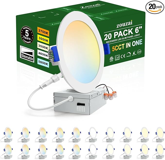 zouzai 20 Pack 6 Inch Ultra-Thin LED Recessed Ceiling Light with Junction Box 5CCT Adjustable Dimmable Can-Killer Downlight - ETL and Energy Star Certified