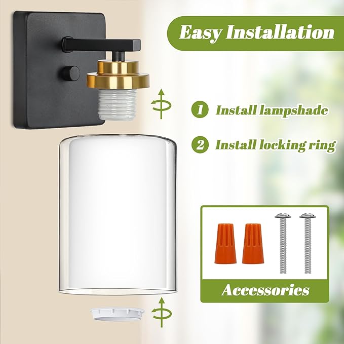 Set of 2 Wall Sconces for Bathroom, Modern Vanity Light Fixtures, Black & Gold Wall Mount Lighting Lanterns, Farmhouse Wall Lights with Double Clear Glass Shade for Bedroom Living Room Mirror Hallway