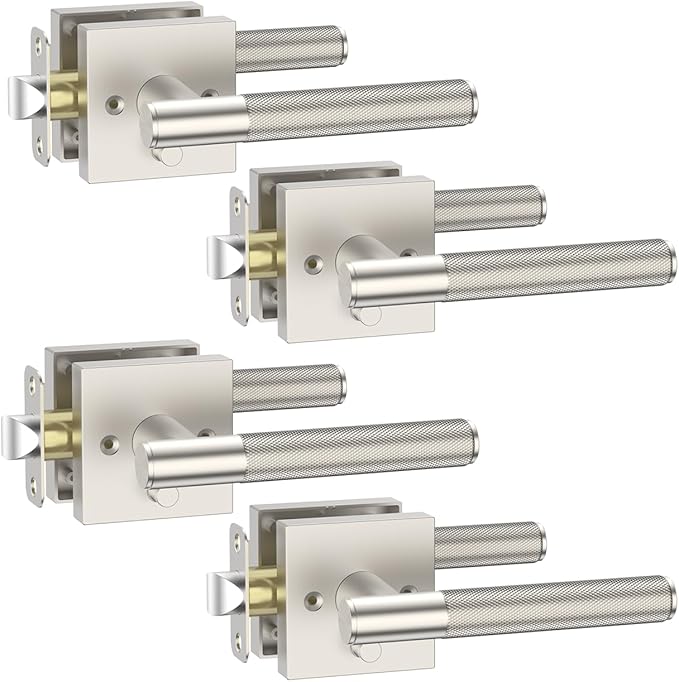 Asidrama 4 Pack Privacy Brushed Satin Nickel Door Handles, Door Lever with Door Knobs Indoor for Bedroom or Bathroom, Brushed Satin Nickel Door Handles Interior with Locks for Left Right Sided Doors