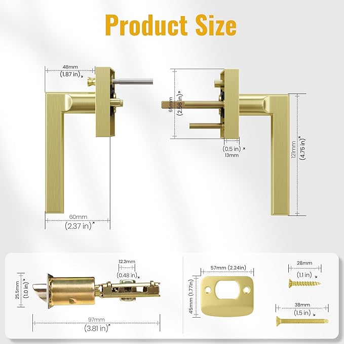 HOSOM Gold Door Knob with Lock Satin Brass Privacy Interior Door Handle Brushed Gold Door Handles for Bedroom Bathroom Keyless Reversible Door Lever Knob for Left & Right Handled Doors, 2 Pack