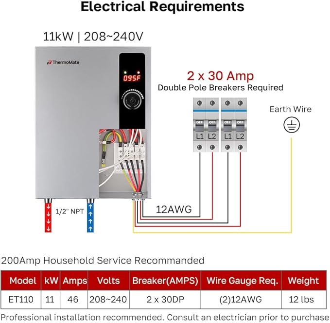 ThermoMate Electric Tankless Water Heater, 11kW 208~240 Volt, On Demand Instant Hot Water Heater, Self Modulating Energy Saving, Save Space, 2.15GPM at 35°F Rise