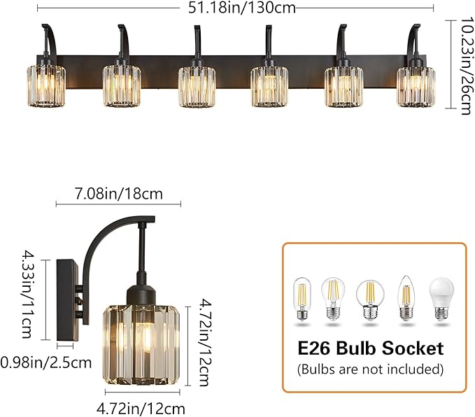 6-Light Crystal Vanity Light, Black Modern Wall Sconce with K9 Crystal Shades, 51.18" Long Over Mirror Lighting for Bathroom, Makeup, Hallway, Elegant & Easy Install