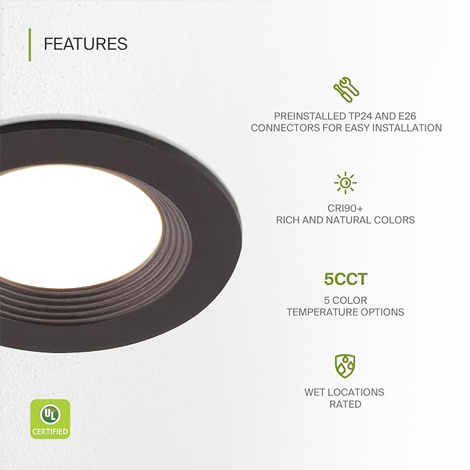 ASD Retrofit LED Recessed Lighting 4 Inch | 9W 700 Lm Wet Rated Dimmable Ceiling Downlights | 2700K-5000K Adjustable CRI90 Bronze Room Recessed Light Fixtures | LED Can Lights, UL