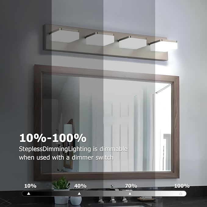 LED Vanity Light Fixture for Bathroom, 4-Light Brushed Nickel Bathroom Light Over Mirror, Modern Vanity Lighting Wall Light Fixtures