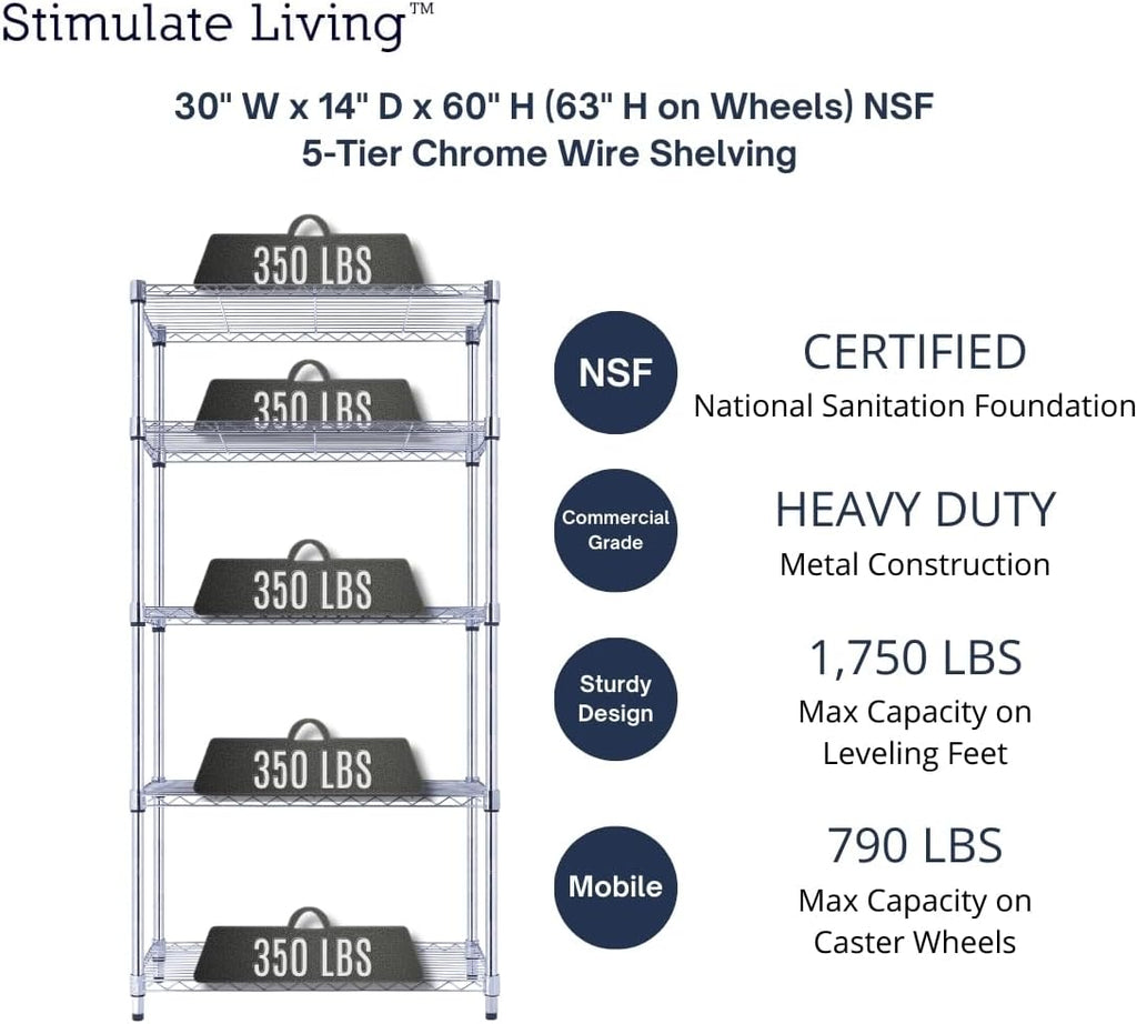 30"x14"x60" PRIME HEAVY DUTY Chrome 5-Tier Wire Shelving 1,750 LBS MAX Capacity Storage Rack for Commercial, School, Home, Garage, Warehouse, Industrial, and Hospital Uses (with Wheels)