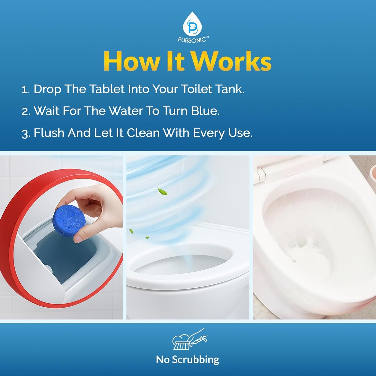 Automatic Toilet Bowl Cleaner Tablets Blue Gel Toilet Tank Cleaners, Septic-Safe Hard Water Ring Stain Remover, Smell Eliminator Heavy Duty Toilet Cleaning & Deodorizer, Fresh Scent - 48 Tabs