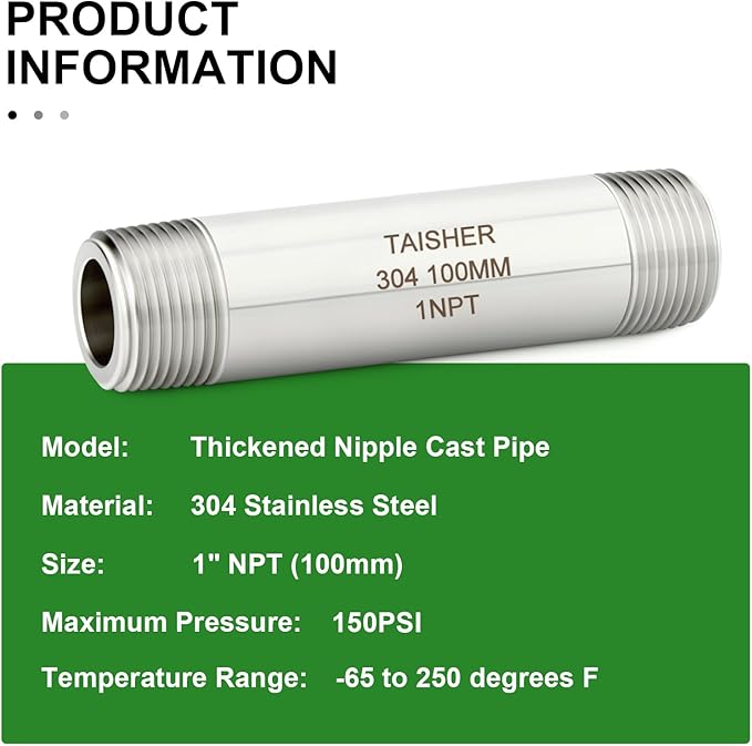 TAISHER 2PCS Stainless Steel Pipe Fittings, 1" NPT Male x 1" NPT Male Threaded, 4" Length Thickened Nipple Cast Pipe