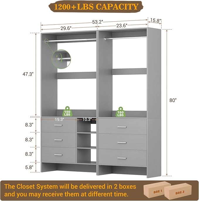 Aheaplus Closet System with 6 Drawers, 4.5ft Wood Closet Organizer System, Walk-in Closet or Small Closets Wardrobe, Clothes Rack with Hanging Rods, Set of 2 Grey