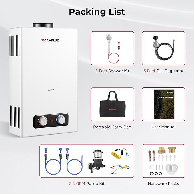 CAMPLUX Portable Propane Water Heater 2.64 GPM, Camping Water Heater with 3.3 GPM Water Pump Kit & Pipe Strainer, 68,000 BTU, BD264P120