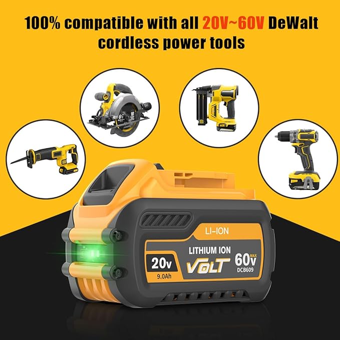 2Pack 9.0Ah Replacement for Dewalt 20V 60V Flexvolt Battery Lithium Compatible with Dewalt 20 60 Volt Max Battery DCB609 DCB606 DCB612 DCB200 DCB201 DCB203 DCB204 DCB206 DCB207 DCB209 Power Tools