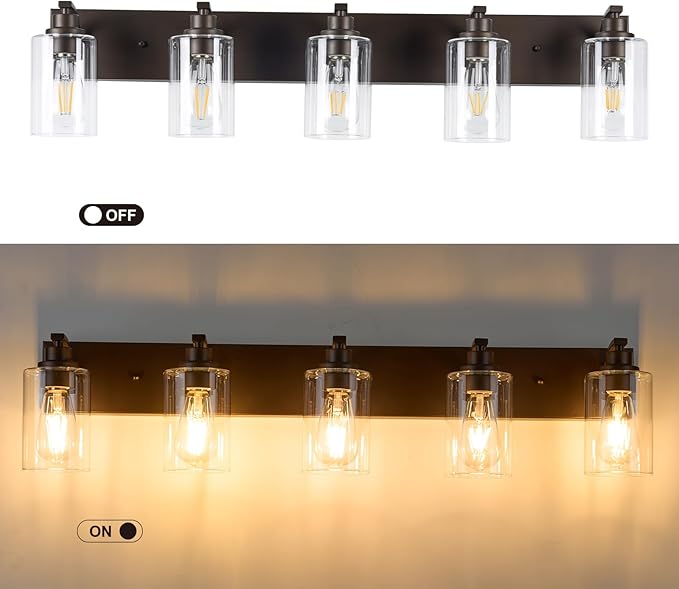 5-Light Bathroom Light Fixtures Modern ORB Vanity Lights for Bathroom Lighting Fixtures Over Mirror with Clear Glass Shade for Cabinet Mirror Bedroom Hallway