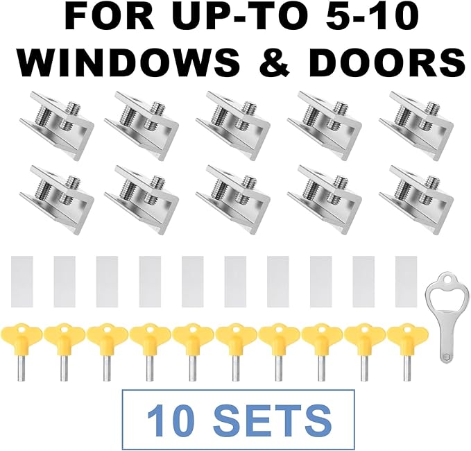 Sliding Window Locks,for Horizontal Sliding Windows,Window Security Lock with Key,Adjustable Aluminum Easv to Install Window Stopper,Window Locks for Up and Down Windows (10 Sets Silver)
