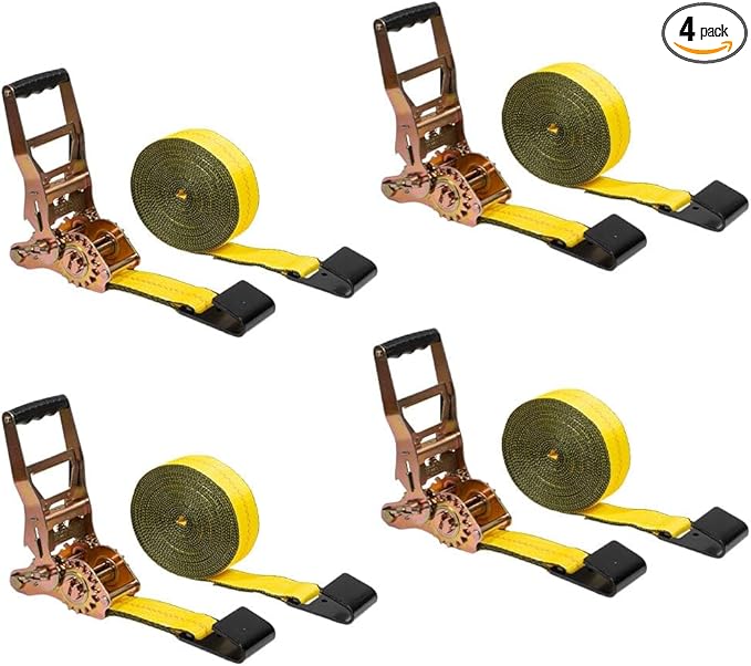 Mytee Products 4 Pack 4" x30' Self-Tensioning Ratchet Tie Down Straps with Flat Hooks - 5,400 Lbs WLL - Heavy Duty Tie Down Ratchet Straps for Flatbed, Truck, Trailers, Cargo, Pickup - Yellow