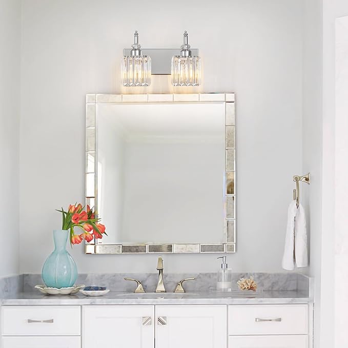 Crystal Vanity Lights Chrome 2 Light Bathroom Light Fixtures Over Mirror Modern Vanity Light for Bathroom