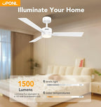 42" White Ceiling Fan with Light, Remote Control, Downrod Mount, Noiseless, Reversible, 6CCT, Dimmable, 6 Speeds, Timeable, Ceiling Fan with Remote Control for Bedroom, indoor/outdoor