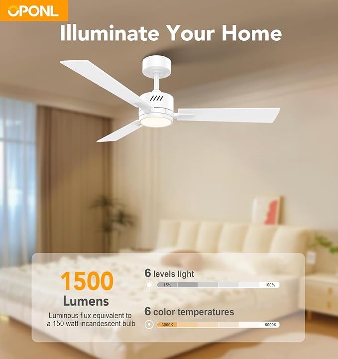 42" White Ceiling Fan with Light, Remote Control, Downrod Mount, Noiseless, Reversible, 6CCT, Dimmable, 6 Speeds, Timeable, Ceiling Fan with Remote Control for Bedroom, indoor/outdoor