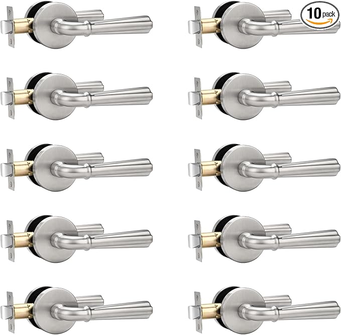 Orger 10 Pack Brushed Nickel Passage Door Lever Keyless Closet Door Handle, Interior Non-Locking Lever Sets Keyless Nickel Finish Door Lock for Right & Left Handed Doors, Stainless Steel