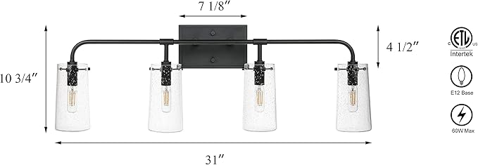 XiNBEi Lighting Bathroom Vanity Light, Industrial 4 Light Vanity Light Black Wall Light Fixture with Clear Seeded Glass Over Mirror XB-W1283-4-MB