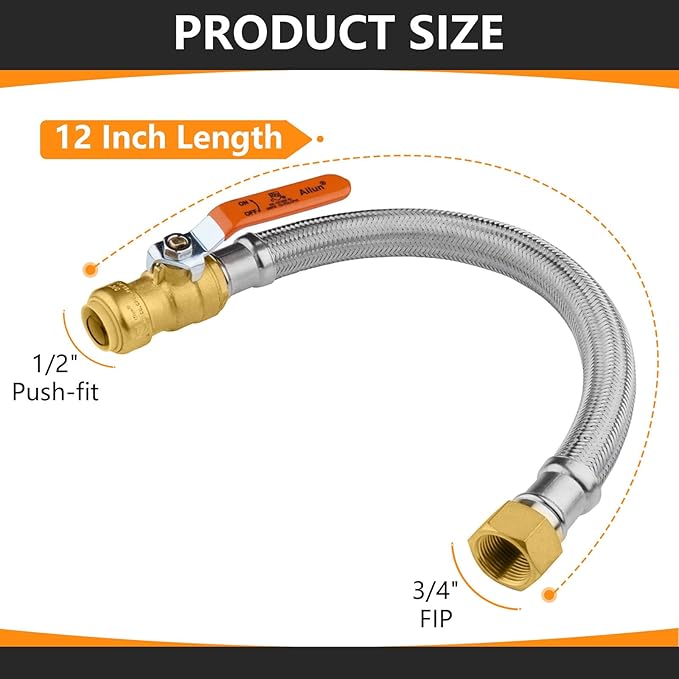 1-Pack HeSun 12-Inch Push-Fit Ball Valve Water Heater Connector, Push-to-Connect 1/2" x 3/4" FIP, Stainless Steel Flexible Heater Hose(HOSE028)