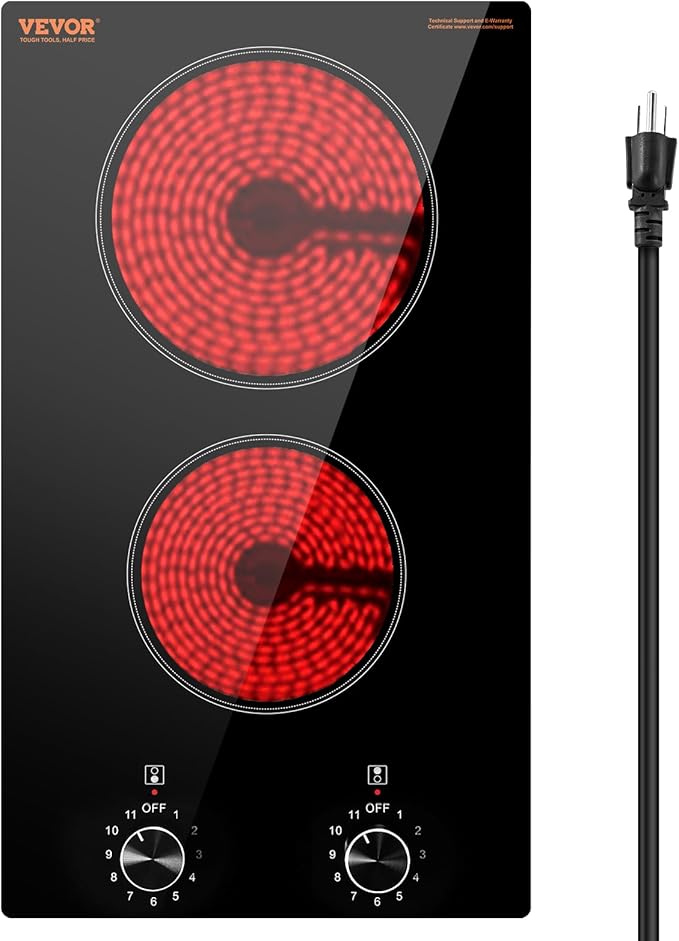 VEVOR Electric Cooktop, Built-in Electric Stove Top, with Glass Panel, Knob Control, 11 Heat Levels, for Diverse Cooking Requirements (12inch-2burners/110V)