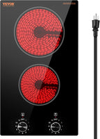 VEVOR Electric Cooktop, Built-in Electric Stove Top, with Glass Panel, Knob Control, 11 Heat Levels, for Diverse Cooking Requirements (12inch-2burners/110V)