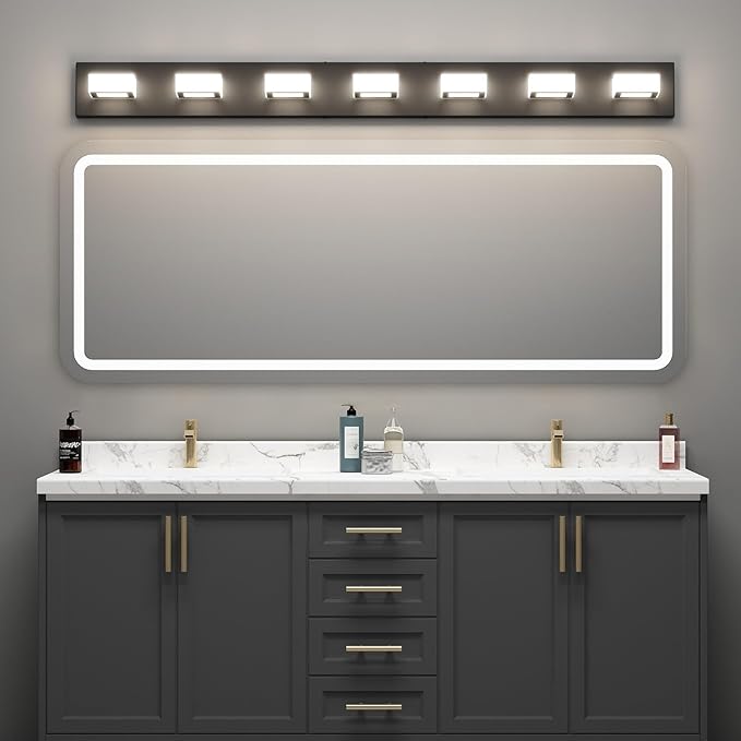 Ralbay 46" LED Matte Black Vanity Lights 7 Lights Acrylic Metal Black Modern Vanity Lights Black Bathroom Lighting Fixtures Over Long Mirror (Natural White Light 4500K)