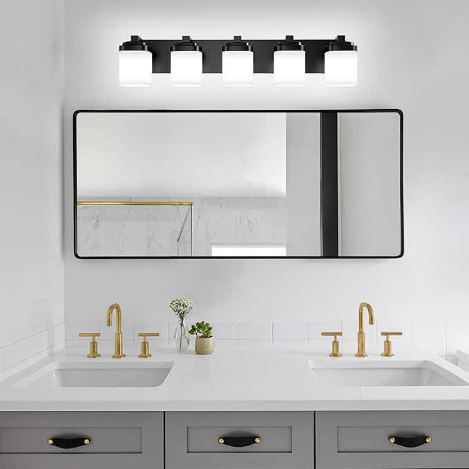 5-Light Black Bathroom Light Fixtures, E26 Base Vanity Lights for Bathroom Mirror Lamp with Milky White Square Glass Shade, Modern Wall Sconce Light Kitchen Light Fixtures Led Vanity