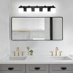5-Light Black Bathroom Light Fixtures, E26 Base Vanity Lights for Bathroom Mirror Lamp with Milky White Square Glass Shade, Modern Wall Sconce Light Kitchen Light Fixtures Led Vanity