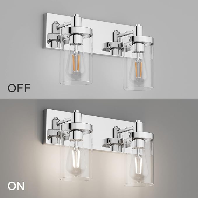 Aipsun Bathroom Vanity Lighting Fixtures Chrome Vanity Light 2 Light Stainless Steel Bathroom Light with Clear Glass Shade(Exclude Bulb)