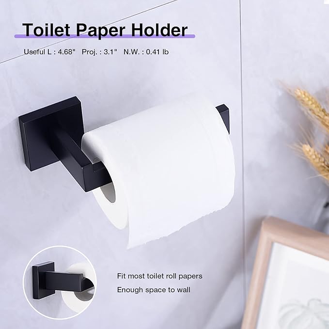 TRUSTMI Black Bathroom Hardware Set Contemporary 5-Pieces Wall Mounted Towel Bar Set, Stainless Steel Square Shaped Bathroom Hardware Accessories, Matte Black