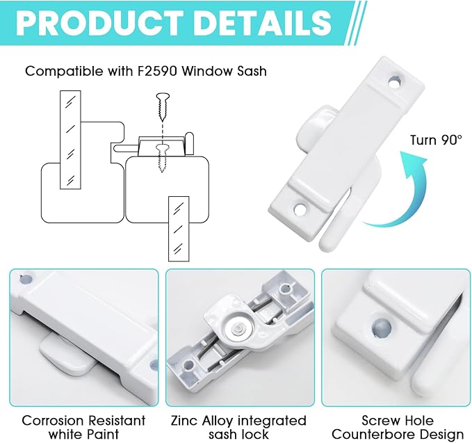 5Pcs F2590 Sash Lock - Replace Broken Window Locks, 2-1/4” Mounting Hole Centers, White Window Latch Replacement Parts for Vertical and Horizontal Sliding Windows