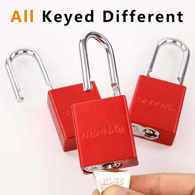SEPOX® Ultra-Durable Anti-Rust Outdoor Keyed Different Padlocks - Red 38mm (1-1/2") Long Shackle, 24-Pack w/ 3 Big Keys Each, Ideal for Gate, Storage, Locker, Fence & Lock-Out