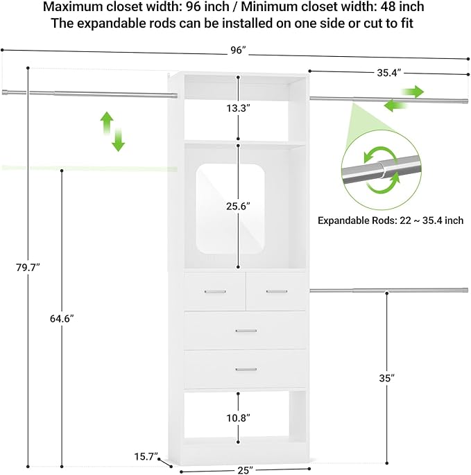 Unikito 48" W - 96” W Closet Organizer, 8FT Walk in Closet Systems Starter Kit with 25” Tower and 3 Extendable Hanging Rods, Sturdy Wood Garment Rack with 4 Drawers and Mirror, Max Load 1000 LBS White