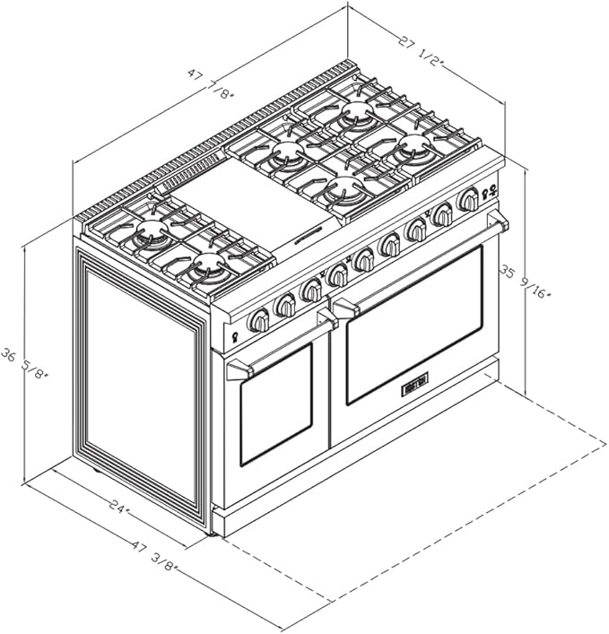48 Inch Pro-Style Propane Gas Range with 6 Burners & 1 Griddle Cooktop, Double 4.6 cu. ft. and 2.2 cu. ft. Oven, in Stainless Steel - KOS-48RG03MLP (Black)