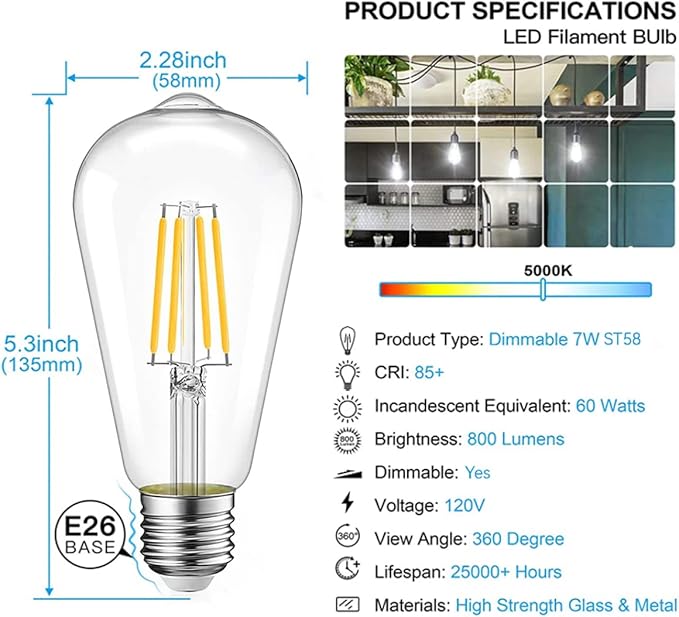 Jensense Edison Light Bulbs E26 LED Bulb 60 watt Equivalent Dimmable Light Bulbs 5000K Daylight Cool White Vintage 7W Edison Bulbs 110V 120V 800 Lumen CRI90, 8 Pack