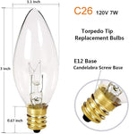 25 Pack Candle Light Bulbs C26 Torpedo Candelabra Bulbs 7 Watt Clear, E12 Base Bulbs for Chandelier Light Night Light Electric Window Candle Lamps ASIN