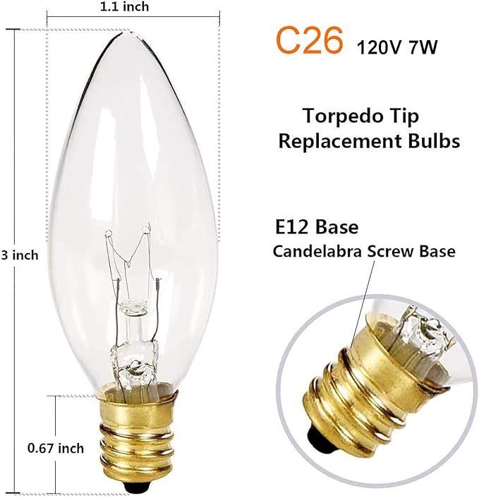 25 Pack Candle Light Bulbs C26 Torpedo Candelabra Bulbs 7 Watt Clear, E12 Base Bulbs for Chandelier Light Night Light Electric Window Candle Lamps ASIN